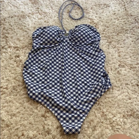 MOTHERHOOD Maternity Navy Blue Plaid Bathing Suit - Picture 4 of 4